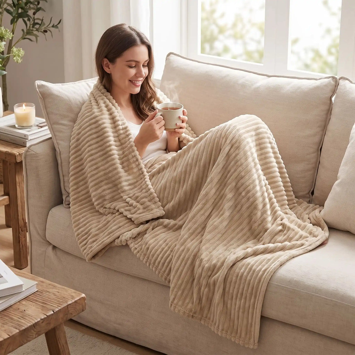 Femme se couvre plaid canapé beige boit the