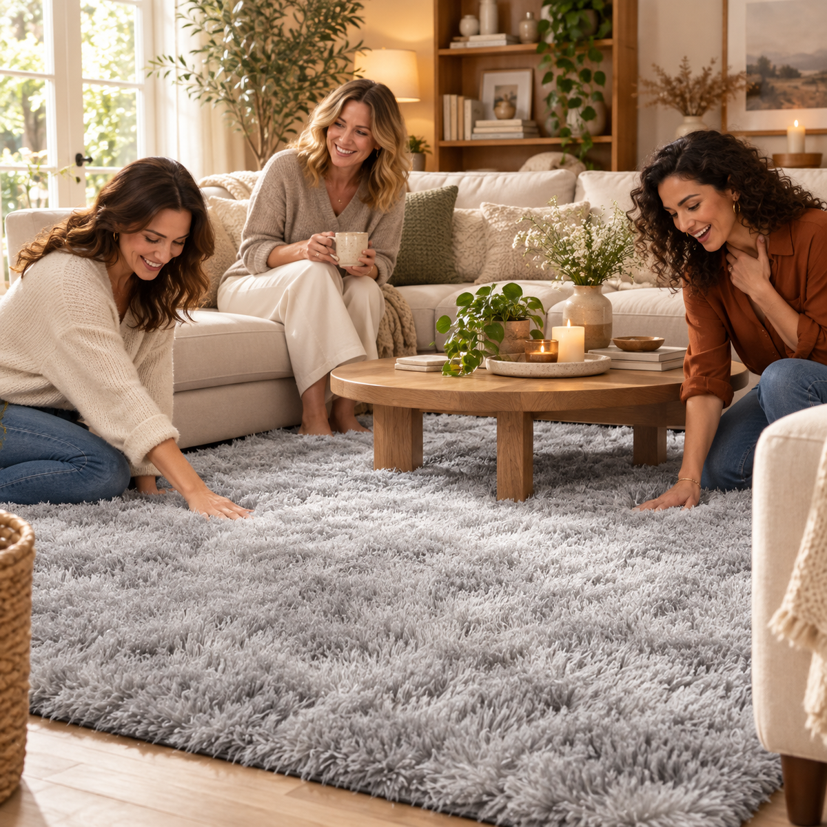 Grand tapis salon gris femmes impressionnees