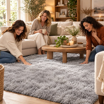 Grand tapis salon gris femmes impressionnees