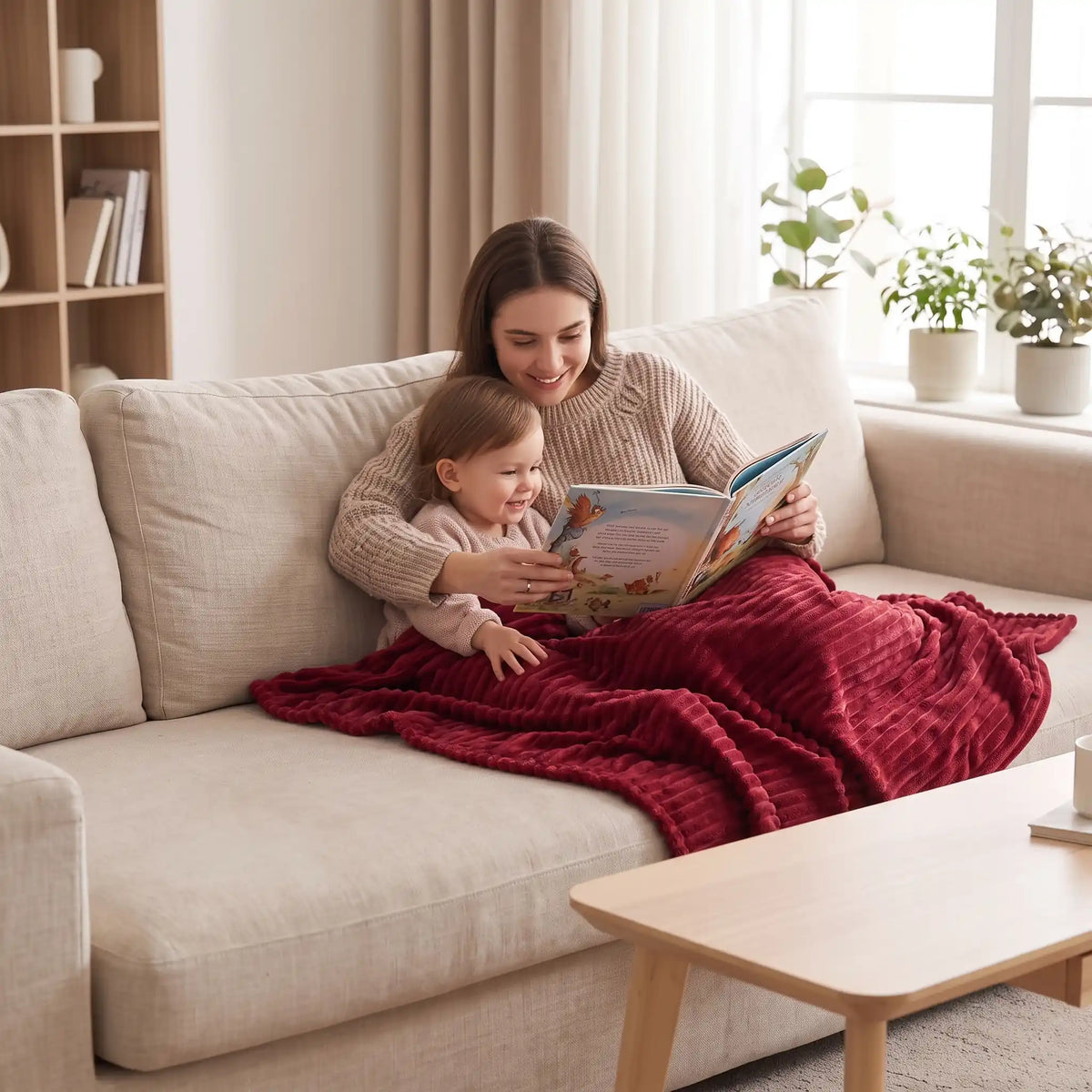 femme et fils se couvrent plaid canapé rouge bordeaux lit histoire