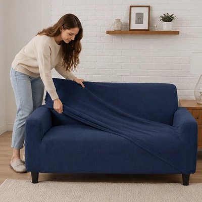 Housse canape bleu femme met la housse sur le canapé 