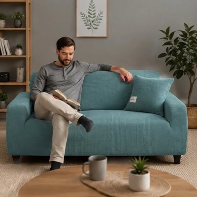 Housse canape bleu homme assis confortablement lit un livre