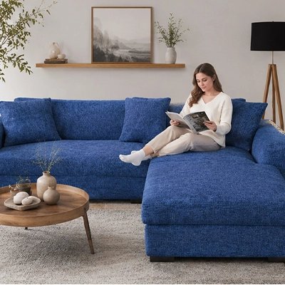 Housse canapé d'angle bleu femme assise lit magazine