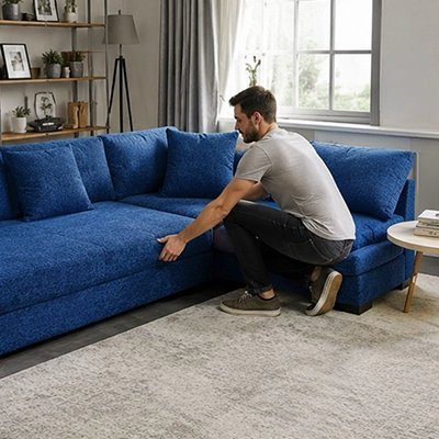 Housse canapé d'angle bleu homme le met en place