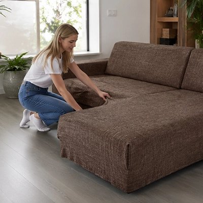 Housse canapé d'angle marron femme le met en place