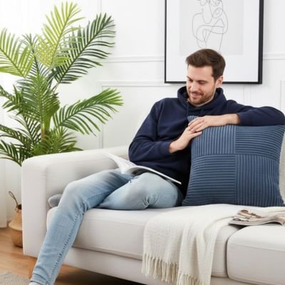 Housses de coussins bleues homme lit livre
