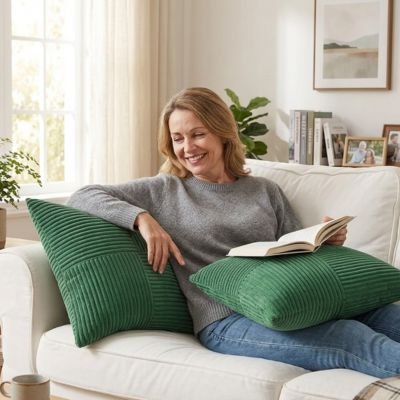 Housses de coussins vertes femme allongée lit livre