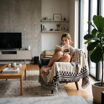 Jeté de canapé femme lit un livre