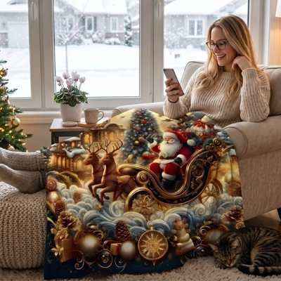Plaid canapé noel femme assise sur canapé regarde téléphone 